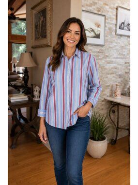 Frank & Eileen Silvio Blue Red White Striped Cotton Shirt Size L